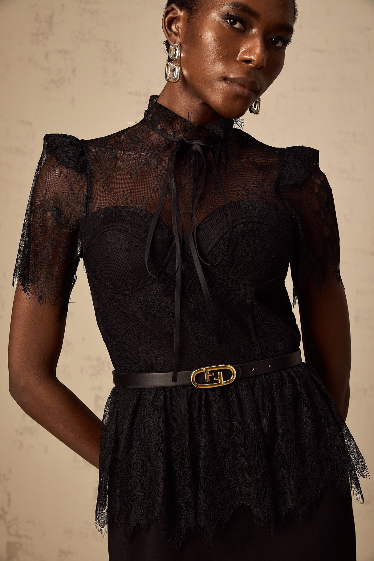 Harper Midi Dress - Tied Mock Neck - Bustier Style - Guipure Lace Panels - Peplum Waist - Semi - sheer