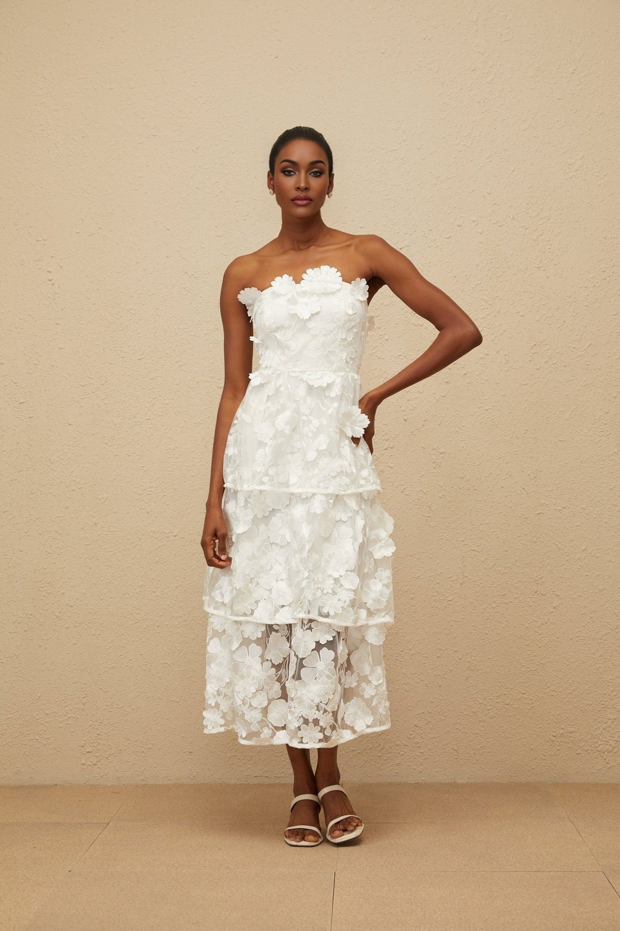 Harper Off The Shoulder Midi Dress - Floral Embroidery - 3D - Petal Detailing - Cinched Waist - Tiered Skirt