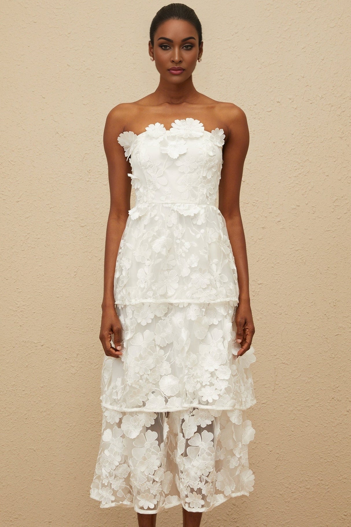 Harper Off The Shoulder Midi Dress - Floral Embroidery - 3D - Petal Detailing - Cinched Waist - Tiered Skirt