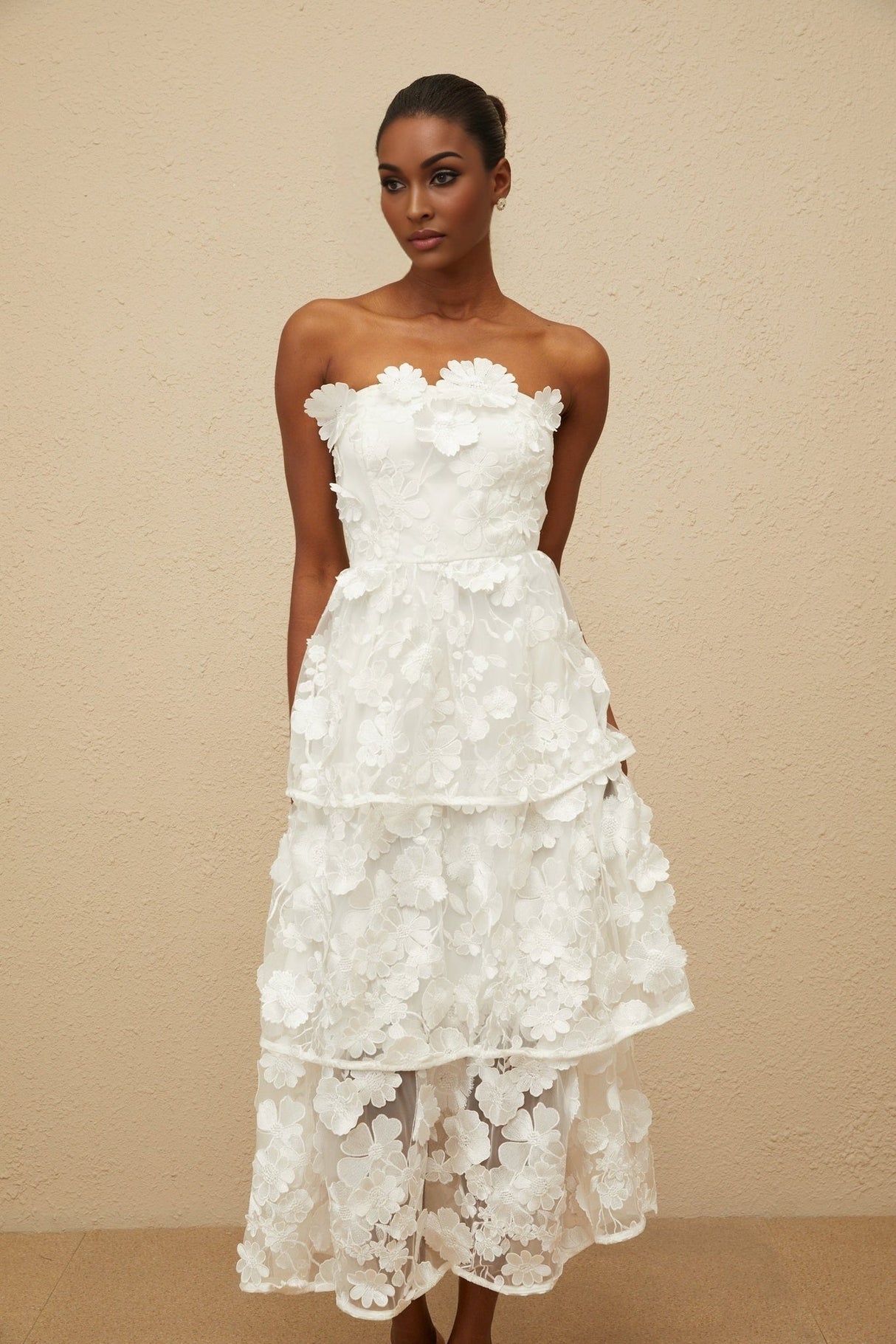 Harper Off The Shoulder Midi Dress - Floral Embroidery - 3D - Petal Detailing - Cinched Waist - Tiered Skirt