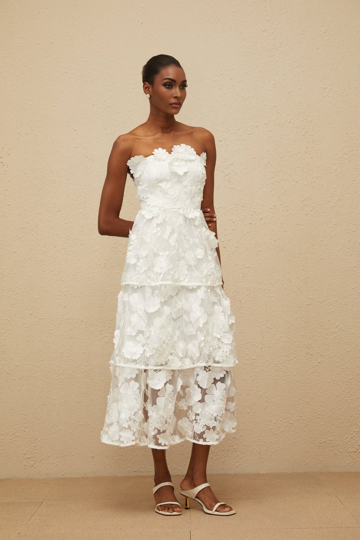 Harper Off The Shoulder Midi Dress - Floral Embroidery - 3D - Petal Detailing - Cinched Waist - Tiered Skirt