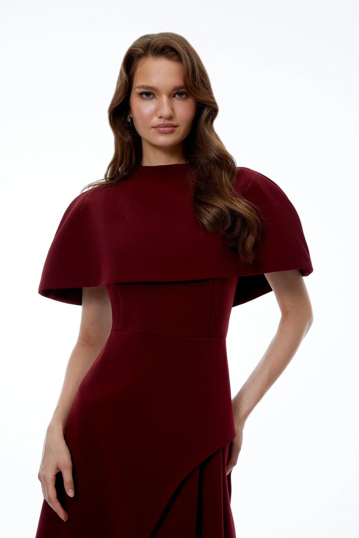 Haruka Burgundy Asymmetrical Midi Dress with Cape and Slit