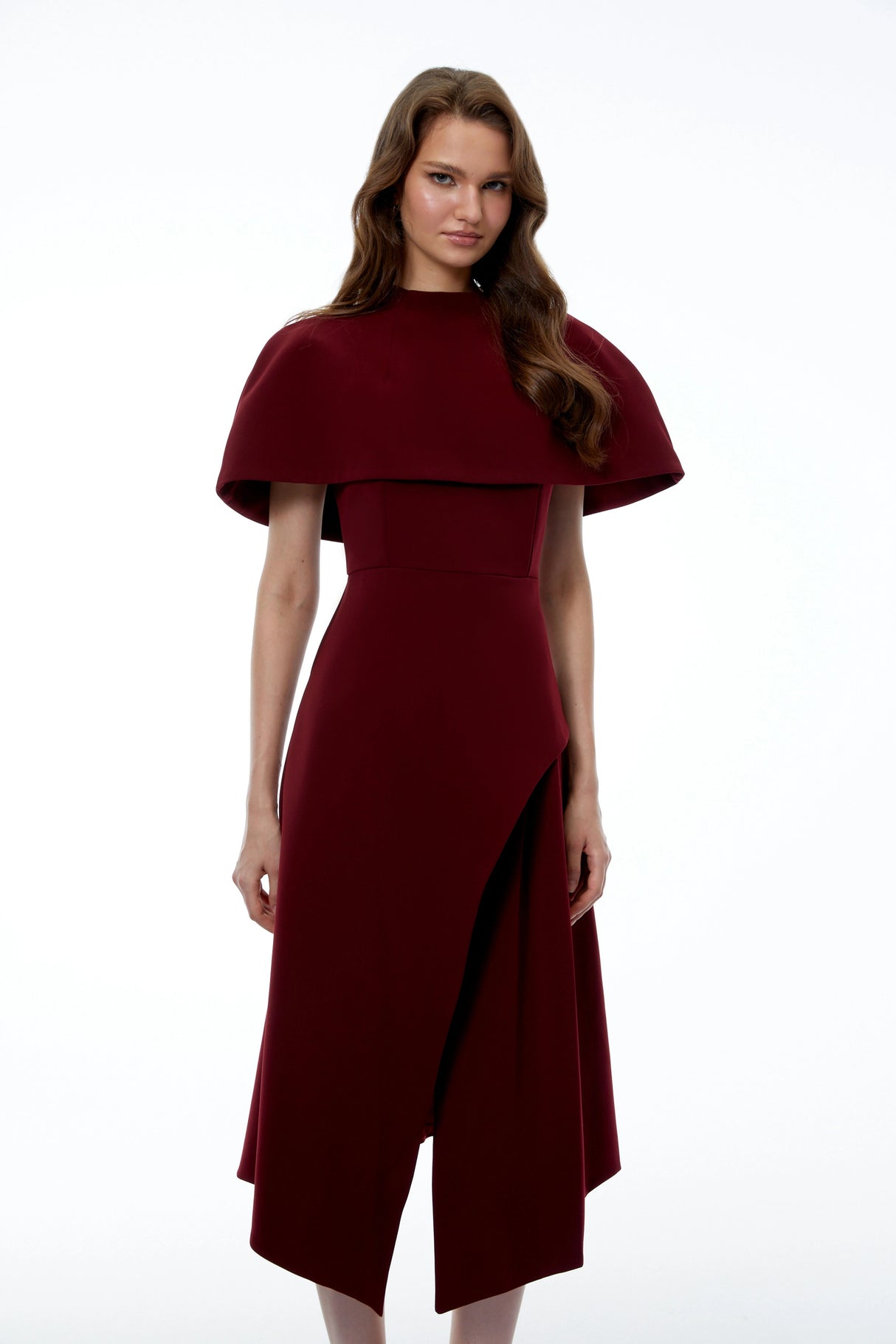 Haruka Burgundy Asymmetrical Midi Dress with Cape and Slit
