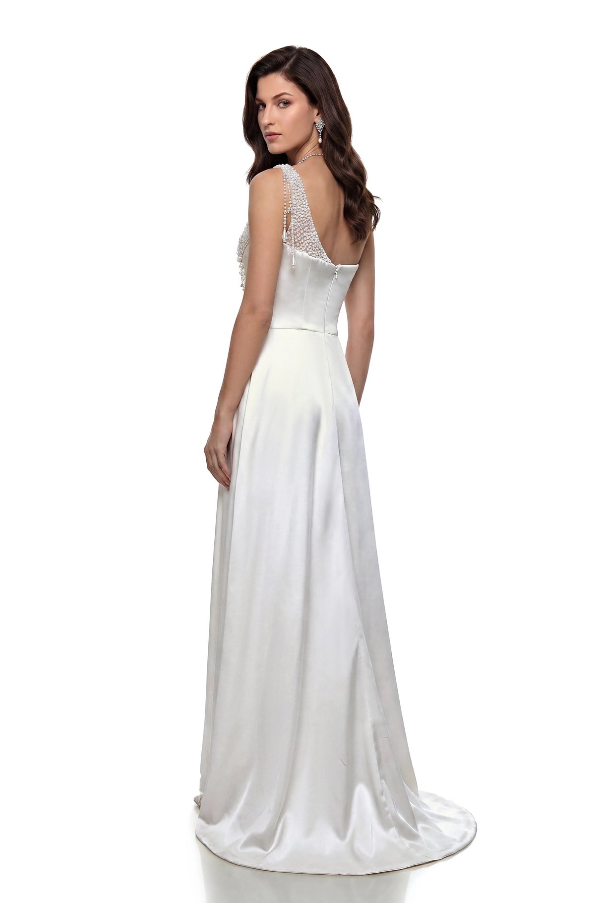 Hasti Cream White Ruched Maxi Dress with Chain Detail