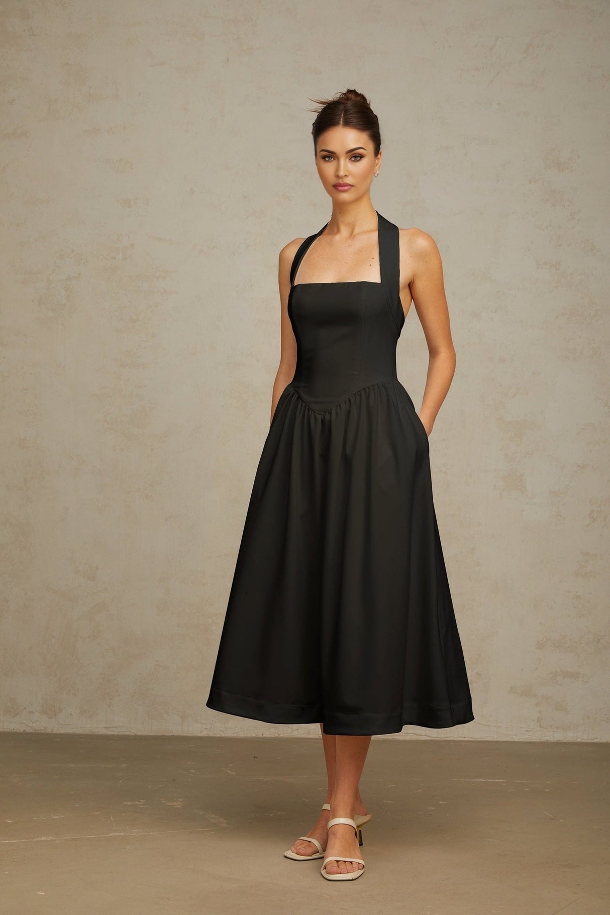 Hattie Midi Dress - Halterneck - Sleeveless - Open Back - Pleated Detailing