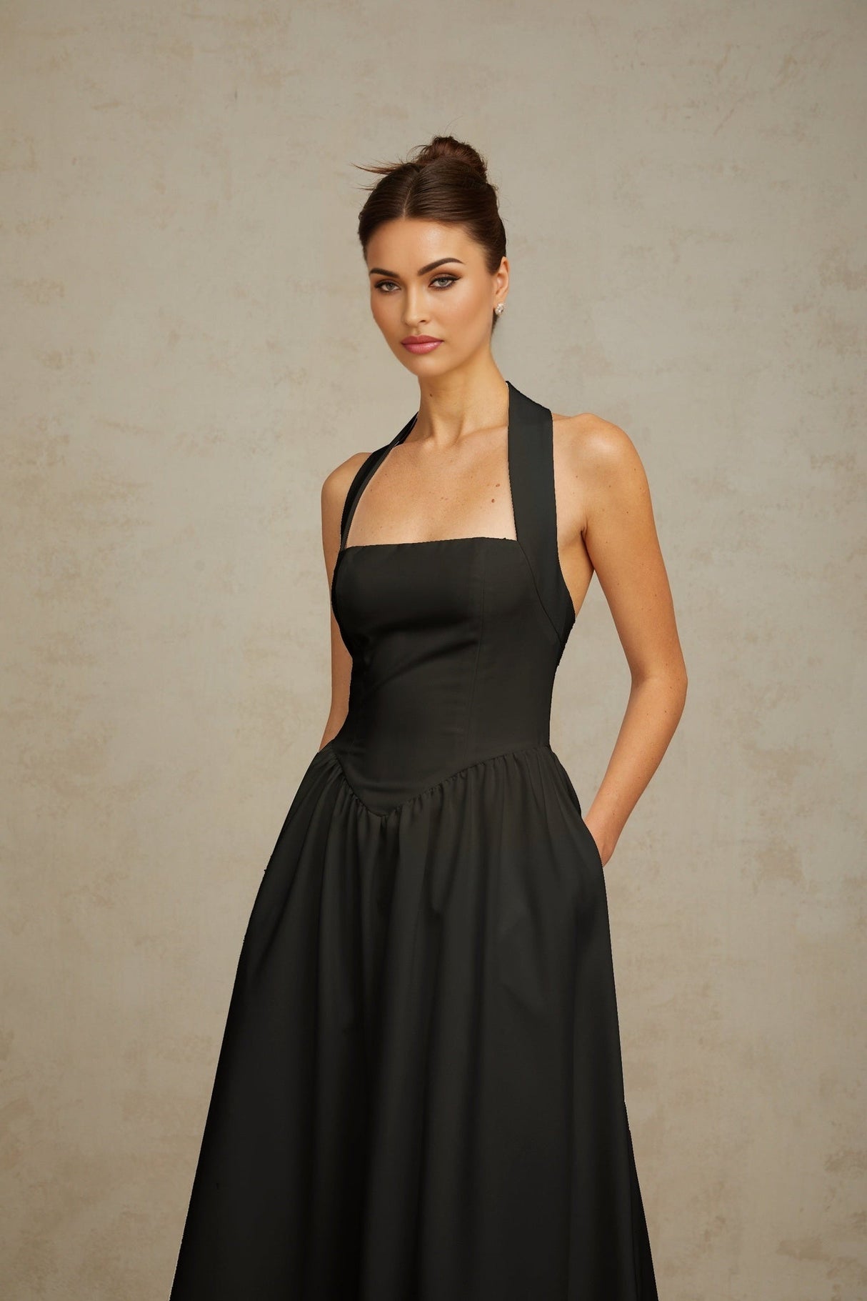Hattie Midi Dress - Halterneck - Sleeveless - Open Back - Pleated Detailing