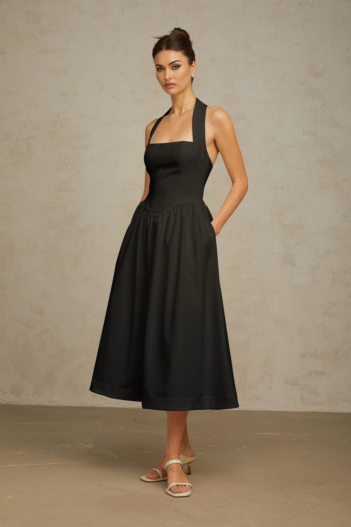 Hattie Midi Dress - Halterneck - Sleeveless - Open Back - Pleated Detailing