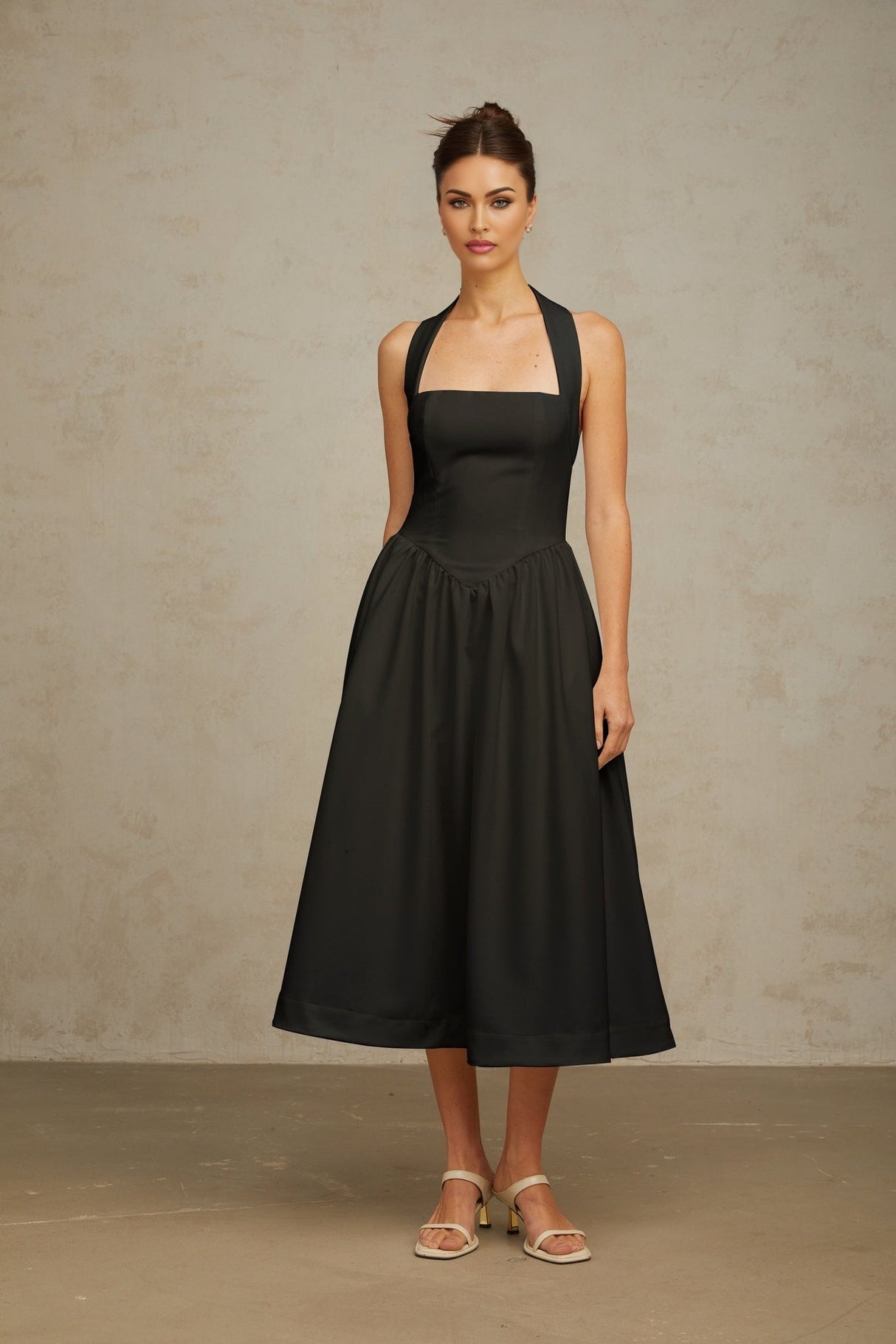 Hattie Midi Dress - Halterneck - Sleeveless - Open Back - Pleated Detailing