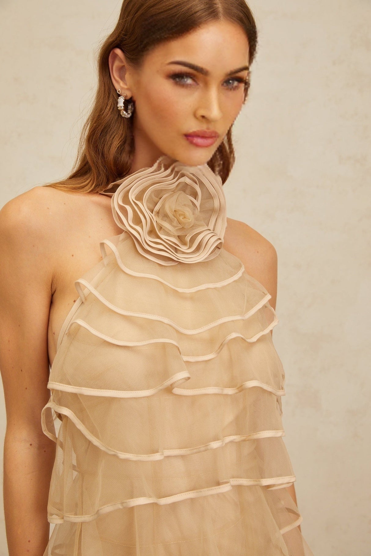 Hattie Mini Dress - Color - Sleeveless Halterneck - Layered 3D - Petal Ruffles - Rear Zip Fastening