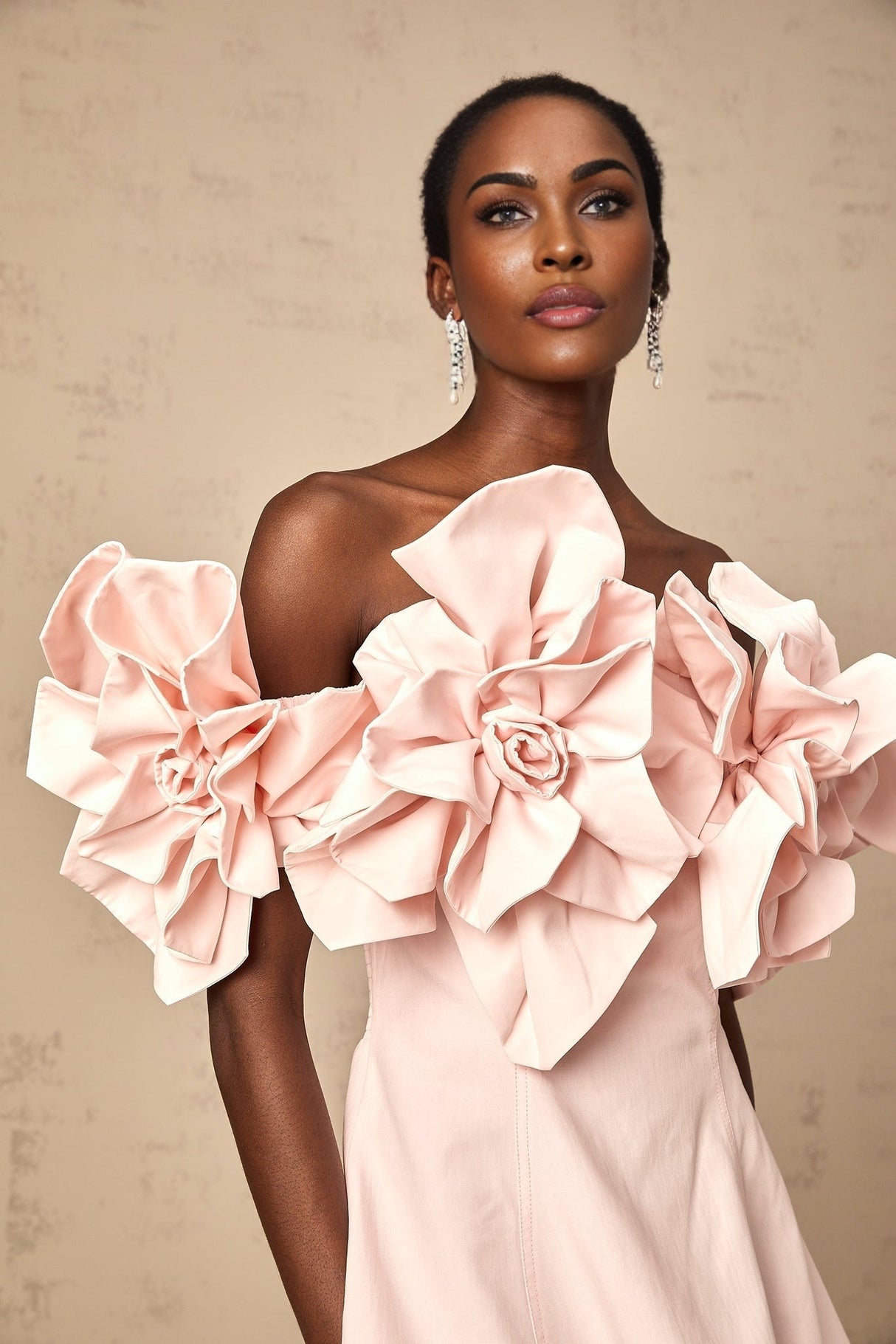 Hattie Off the Shoulder - Cinched Waist - 3D Petal Detailing - Flared Hem - Rear Zip Fastening