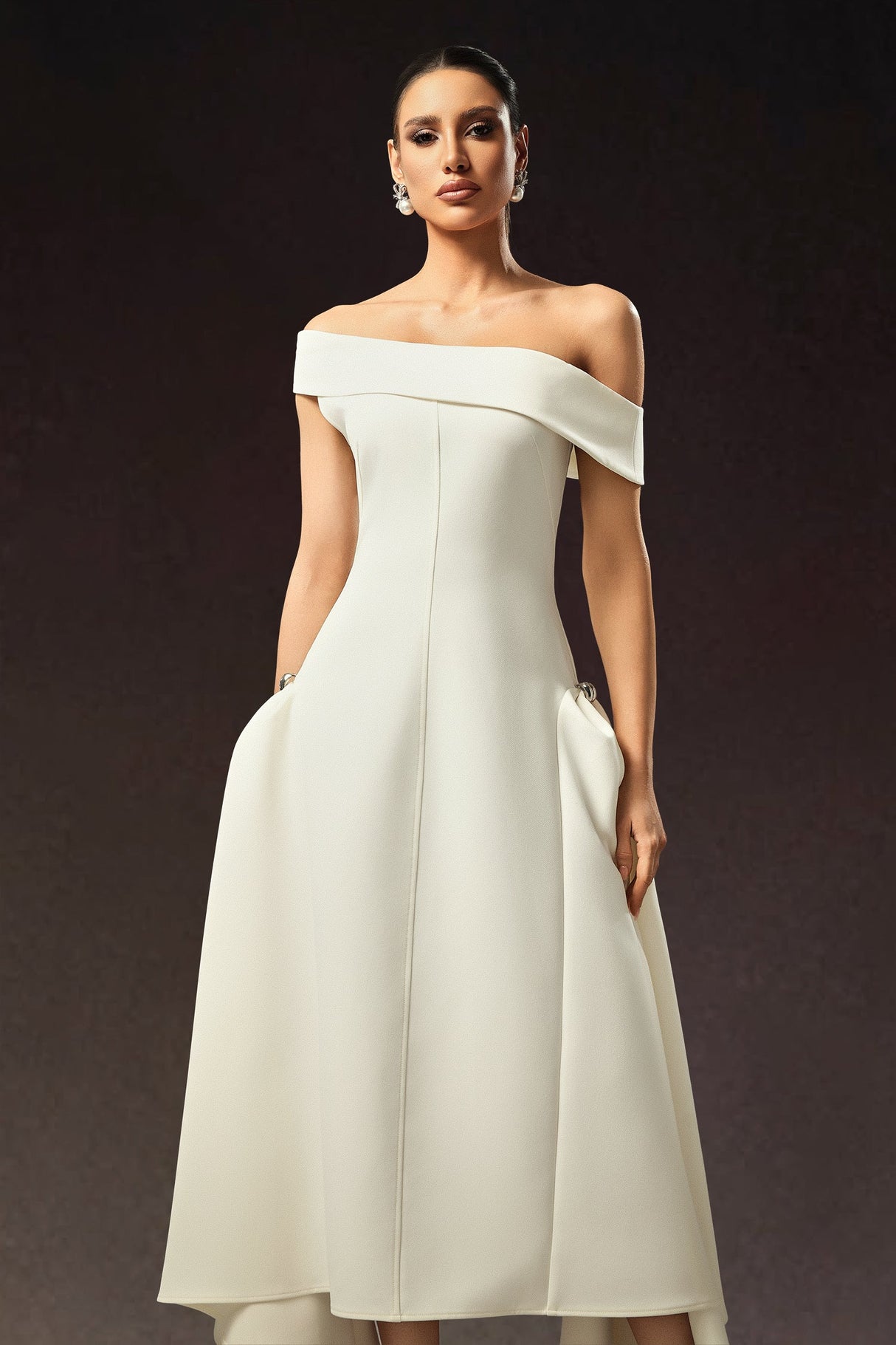 Hattie White Off-Shoulder Maxi Dress Elegant Formal Wear Glamour Fabric Comfortable Fit Style Confidence Weddings Galas Special Event