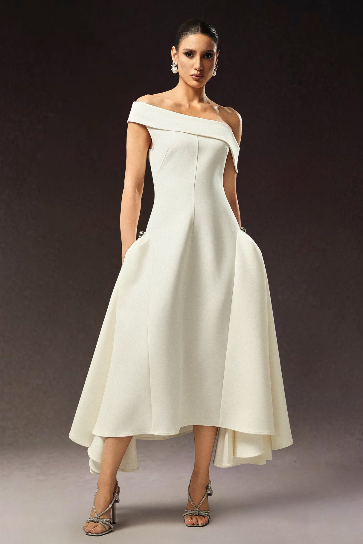 Hattie White Off-The-Shoulder Maxi Dress for Formal Occasions