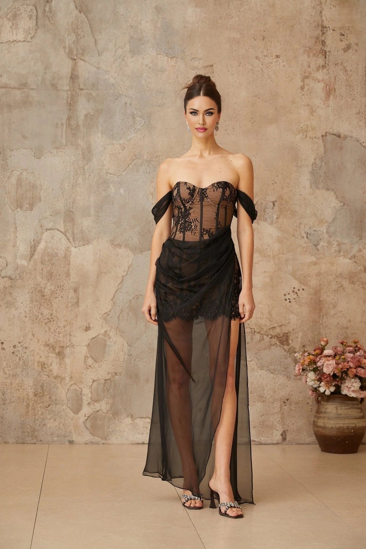 Haven Maxi Dress Black Floral Lace Corset & Tulle Panel Off - Shoulder Slit