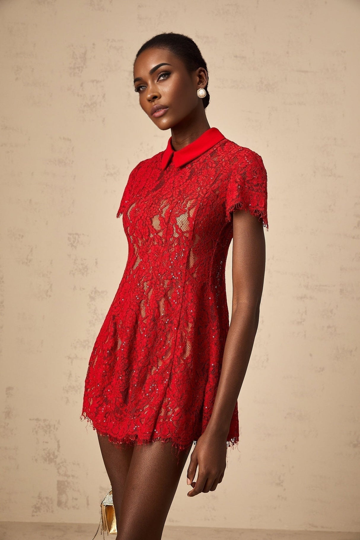 Haven Mini Dress - Classic Collar - Short Sleeves - Lace Overlay - Sequin Embellishment