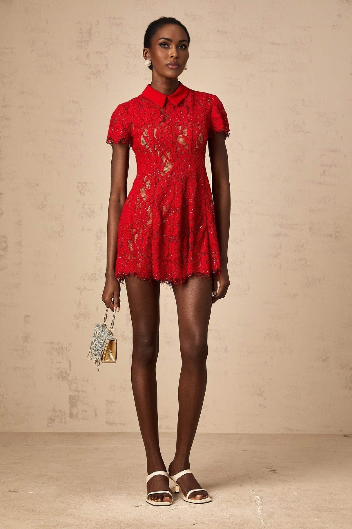 Haven Mini Dress - Classic Collar - Short Sleeves - Lace Overlay - Sequin Embellishment