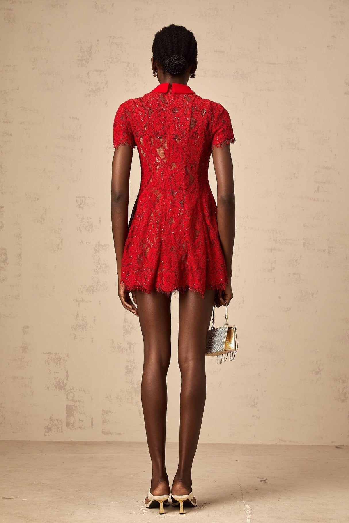 Haven Mini Dress - Classic Collar - Short Sleeves - Lace Overlay - Sequin Embellishment