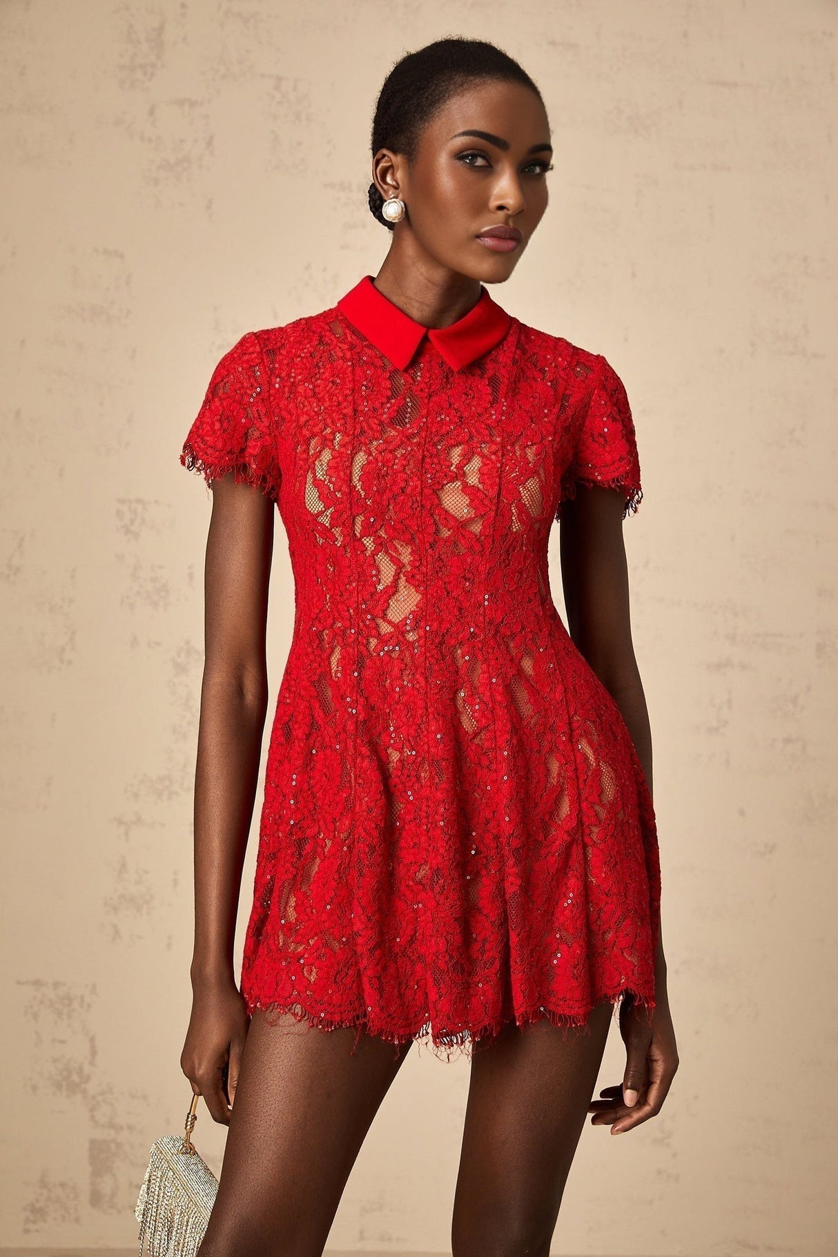 Haven Mini Dress - Classic Collar - Short Sleeves - Lace Overlay - Sequin Embellishment