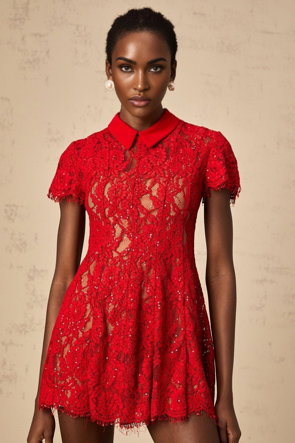 Haven Mini Dress - Classic Collar - Short Sleeves - Lace Overlay - Sequin Embellishment