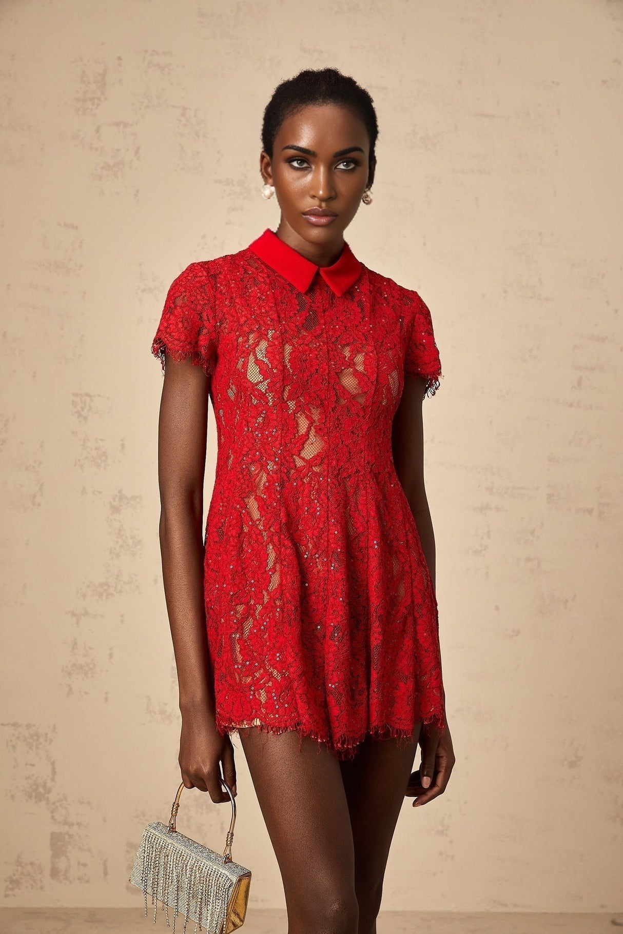 Haven Mini Dress - Classic Collar - Short Sleeves - Lace Overlay - Sequin Embellishment