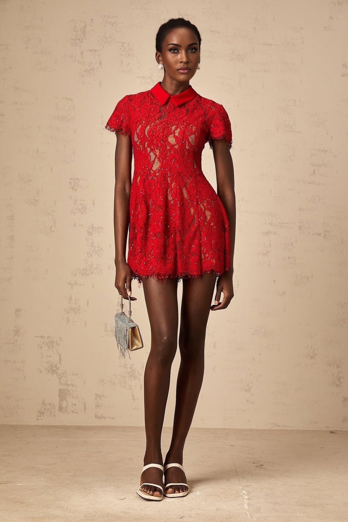 Haven Mini Dress - Classic Collar - Short Sleeves - Lace Overlay - Sequin Embellishment