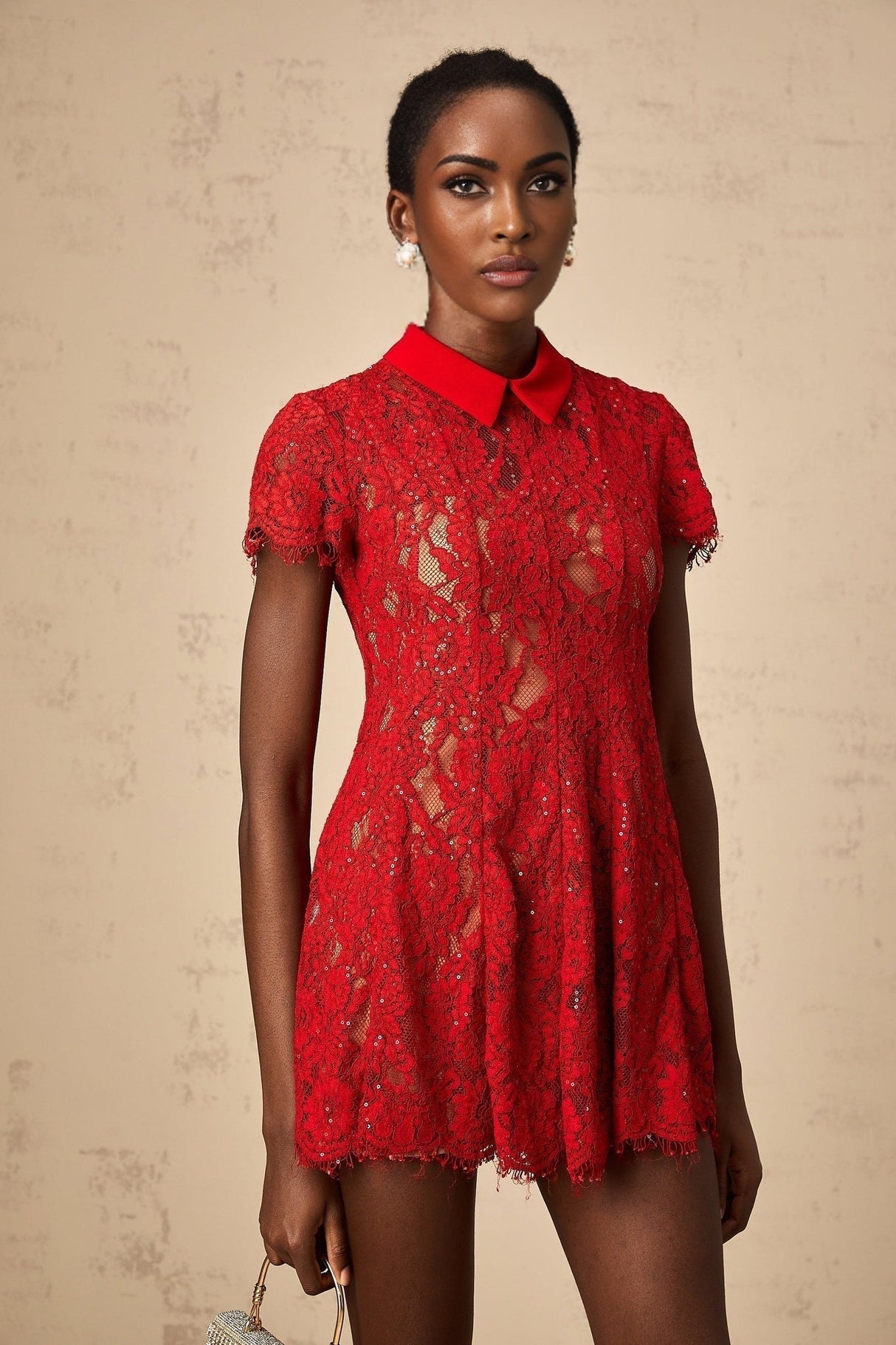 Haven Mini Dress - Classic Collar - Short Sleeves - Lace Overlay - Sequin Embellishment