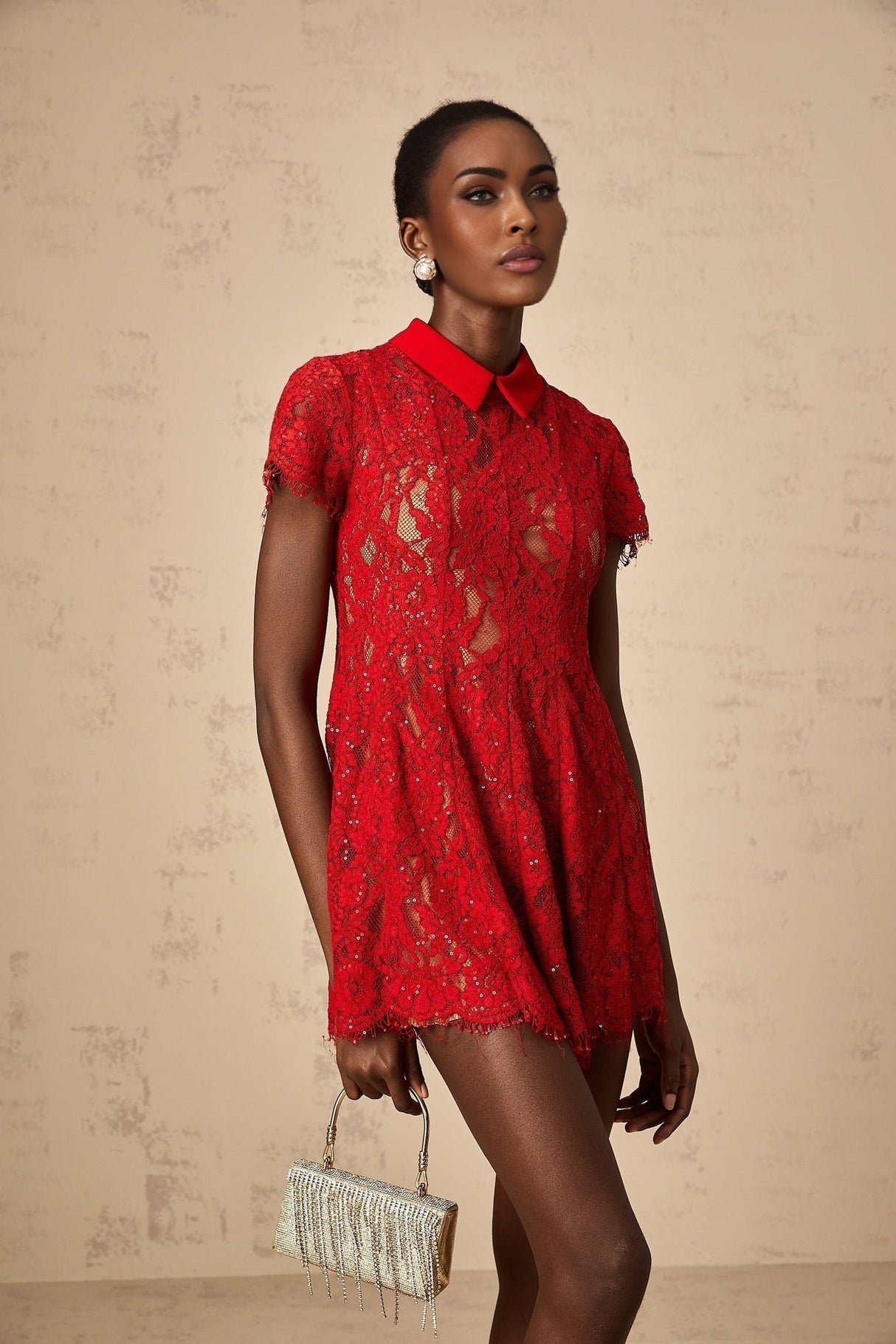 Haven Mini Dress - Classic Collar - Short Sleeves - Lace Overlay - Sequin Embellishment
