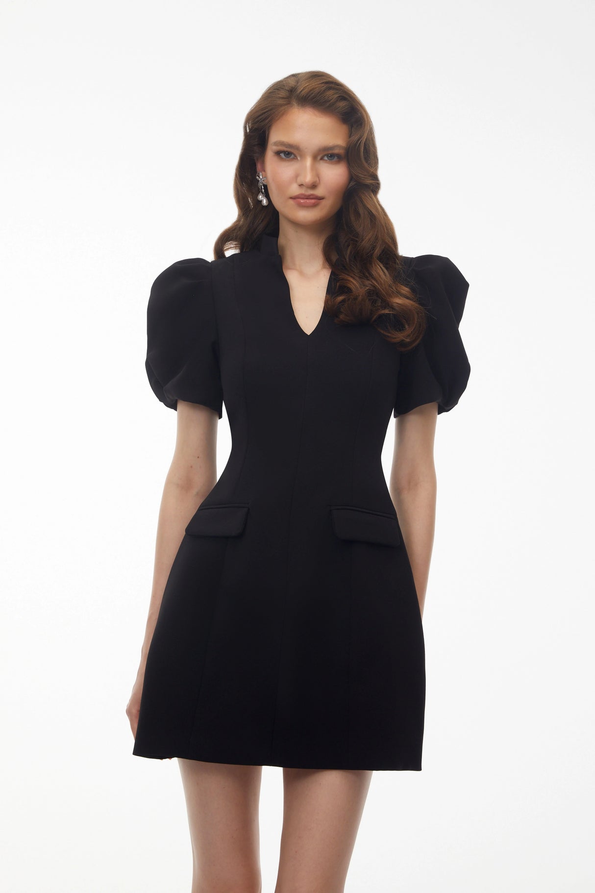 Hazel Black VNeck Puff Sleeve Mini Dress