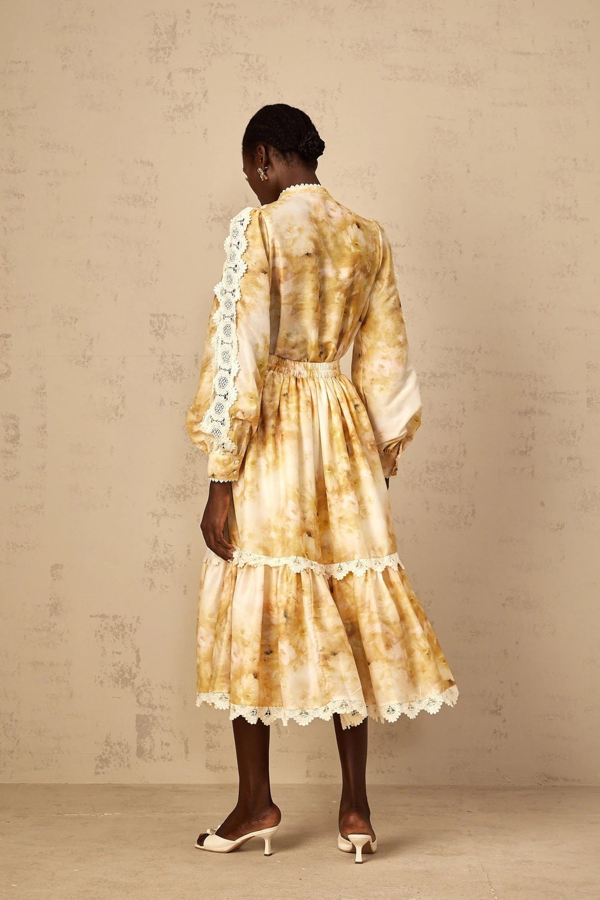 Hazel Blouse & Skirt Set Yellow Floral Lace A - Line Midi Duet