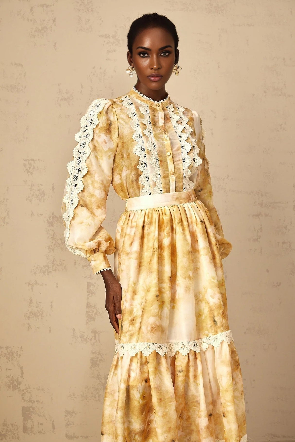 Hazel Blouse & Skirt Set Yellow Floral Lace A - Line Midi Duet