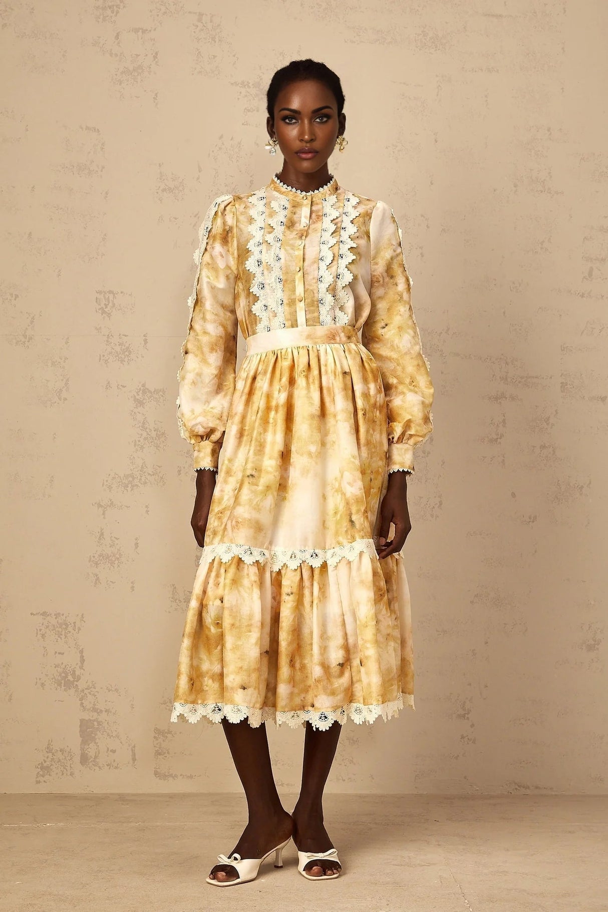 Hazel Blouse & Skirt Set Yellow Floral Lace A - Line Midi Duet