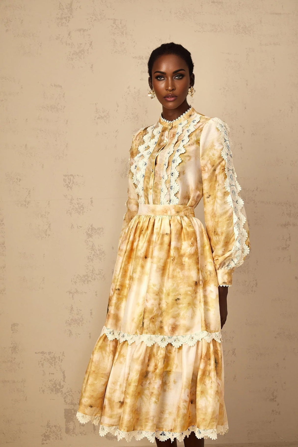 Hazel Blouse & Skirt Set Yellow Floral Lace A - Line Midi Duet