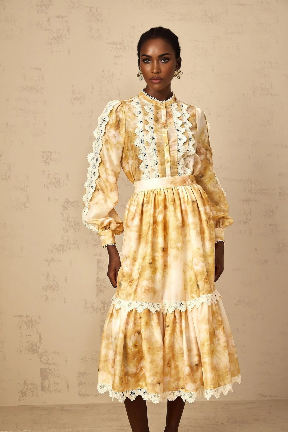 Hazel Blouse & Skirt Set Yellow Floral Lace A - Line Midi Duet