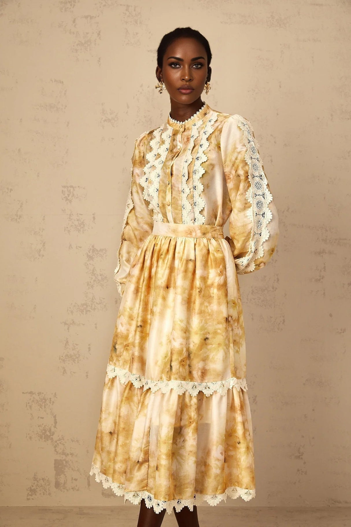 Hazel Blouse & Skirt Set Yellow Floral Lace A - Line Midi Duet