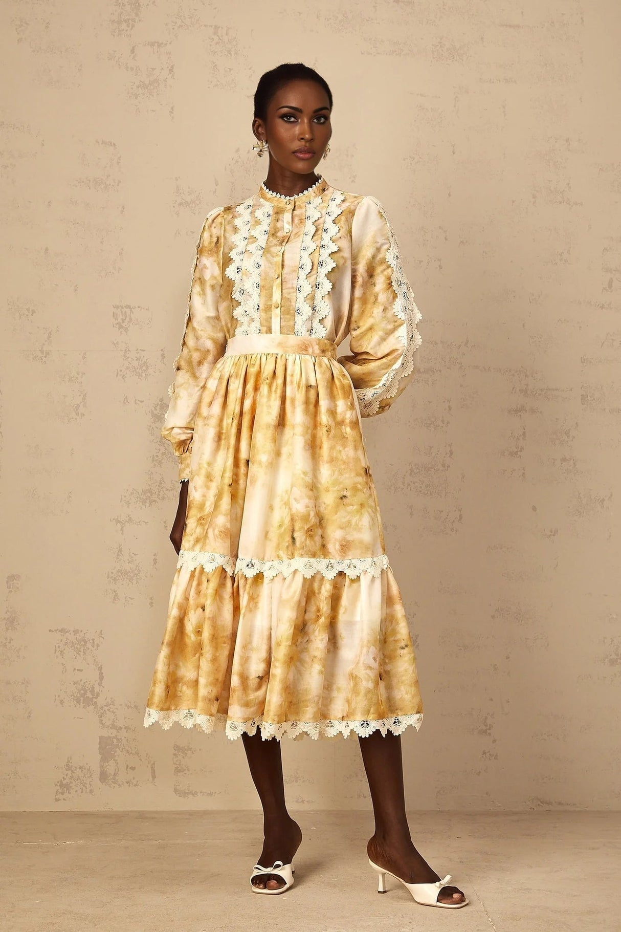 Hazel Blouse & Skirt Set Yellow Floral Lace A - Line Midi Duet