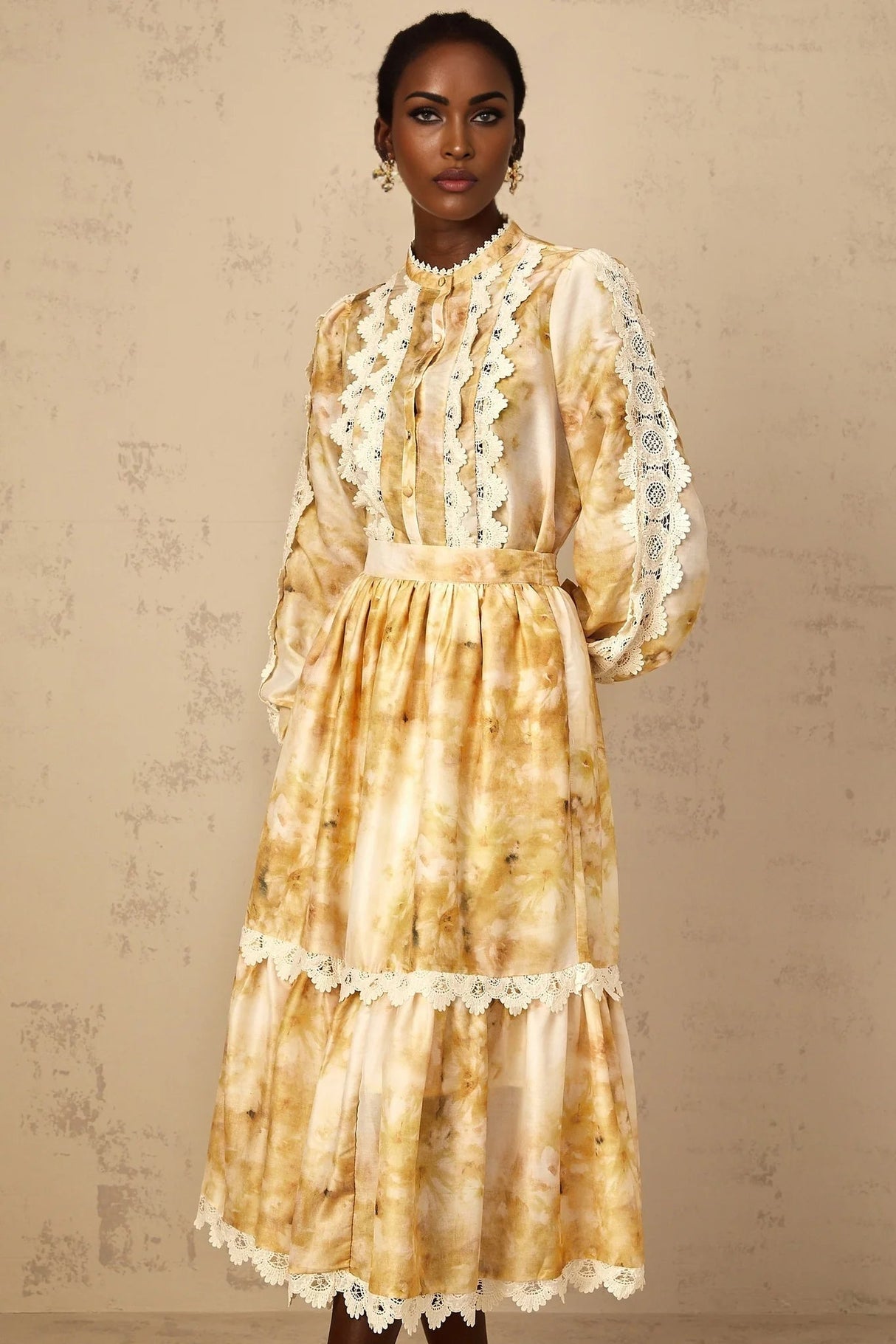 Hazel Blouse & Skirt Set Yellow Floral Lace A - Line Midi Duet