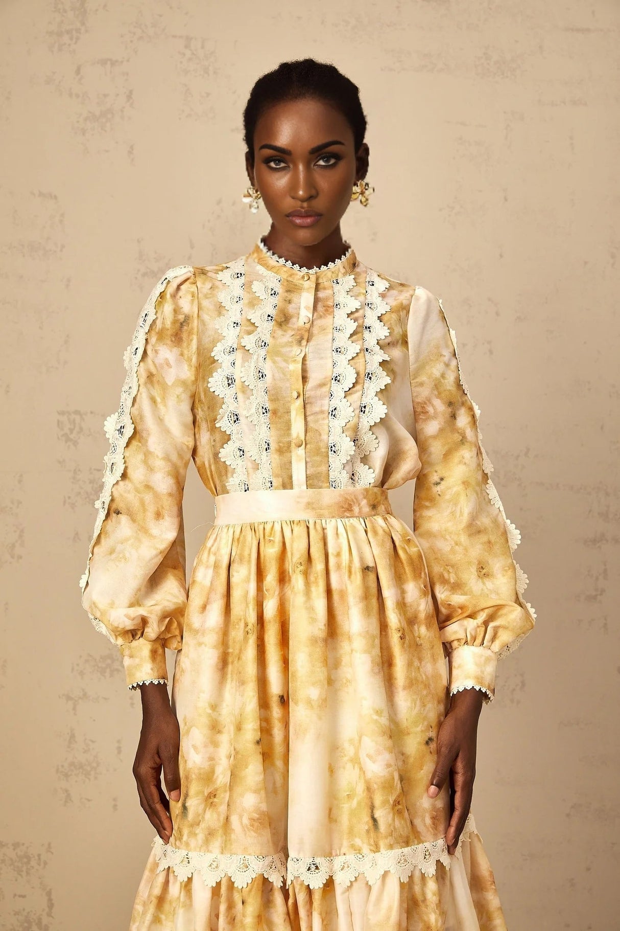 Hazel Blouse & Skirt Set Yellow Floral Lace A - Line Midi Duet