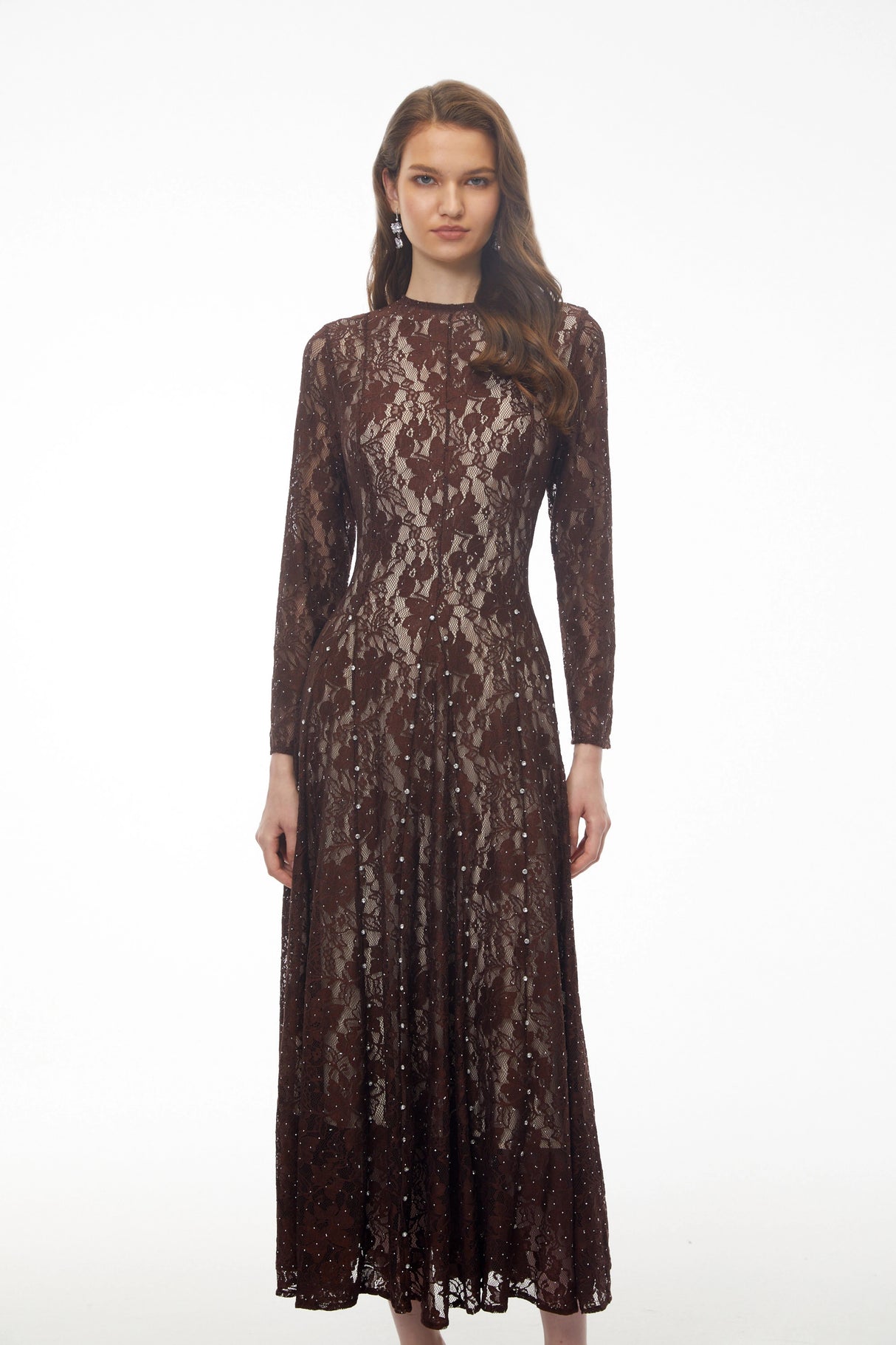 Hazel Brown Round Neck Floral Lace Maxi Dress