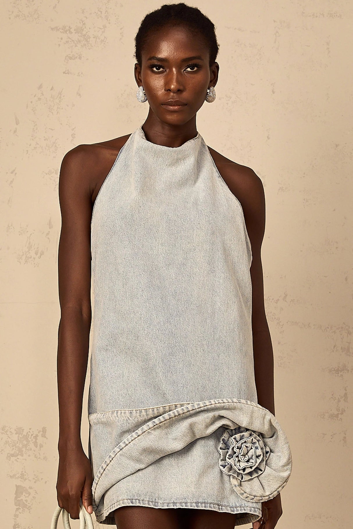 Hazel Mini Dress Light - Blue Halter - neck Floral Appliqu & Twist Detailing