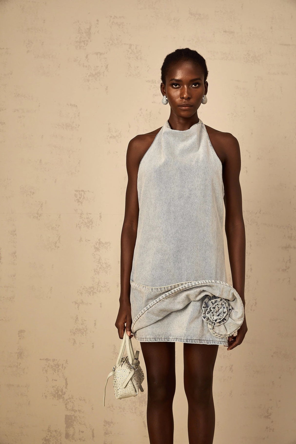 Hazel Mini Dress Light - Blue Halter - neck Floral Appliqu & Twist Detailing