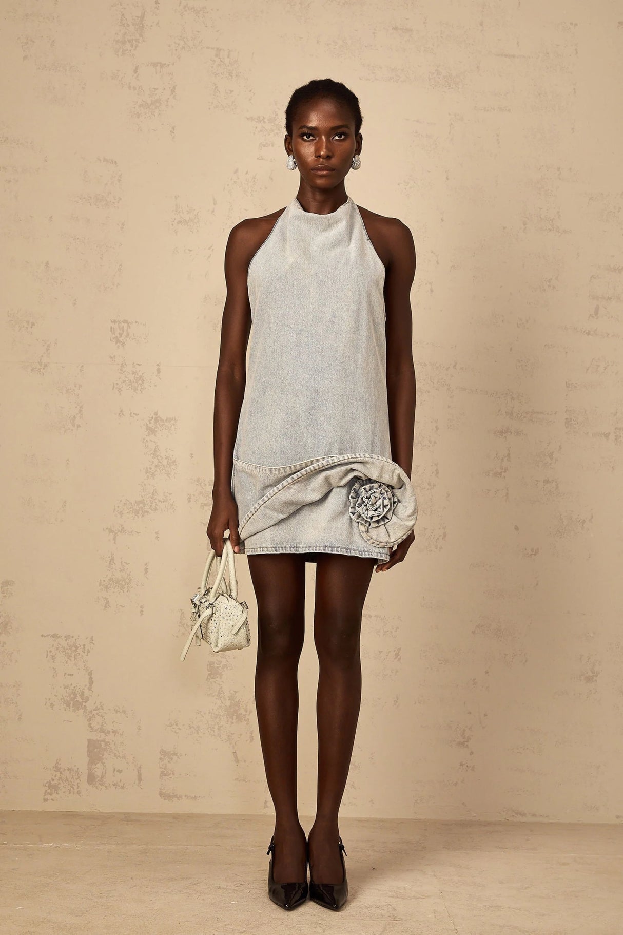 Hazel Mini Dress Light - Blue Halter - neck Floral Appliqu & Twist Detailing