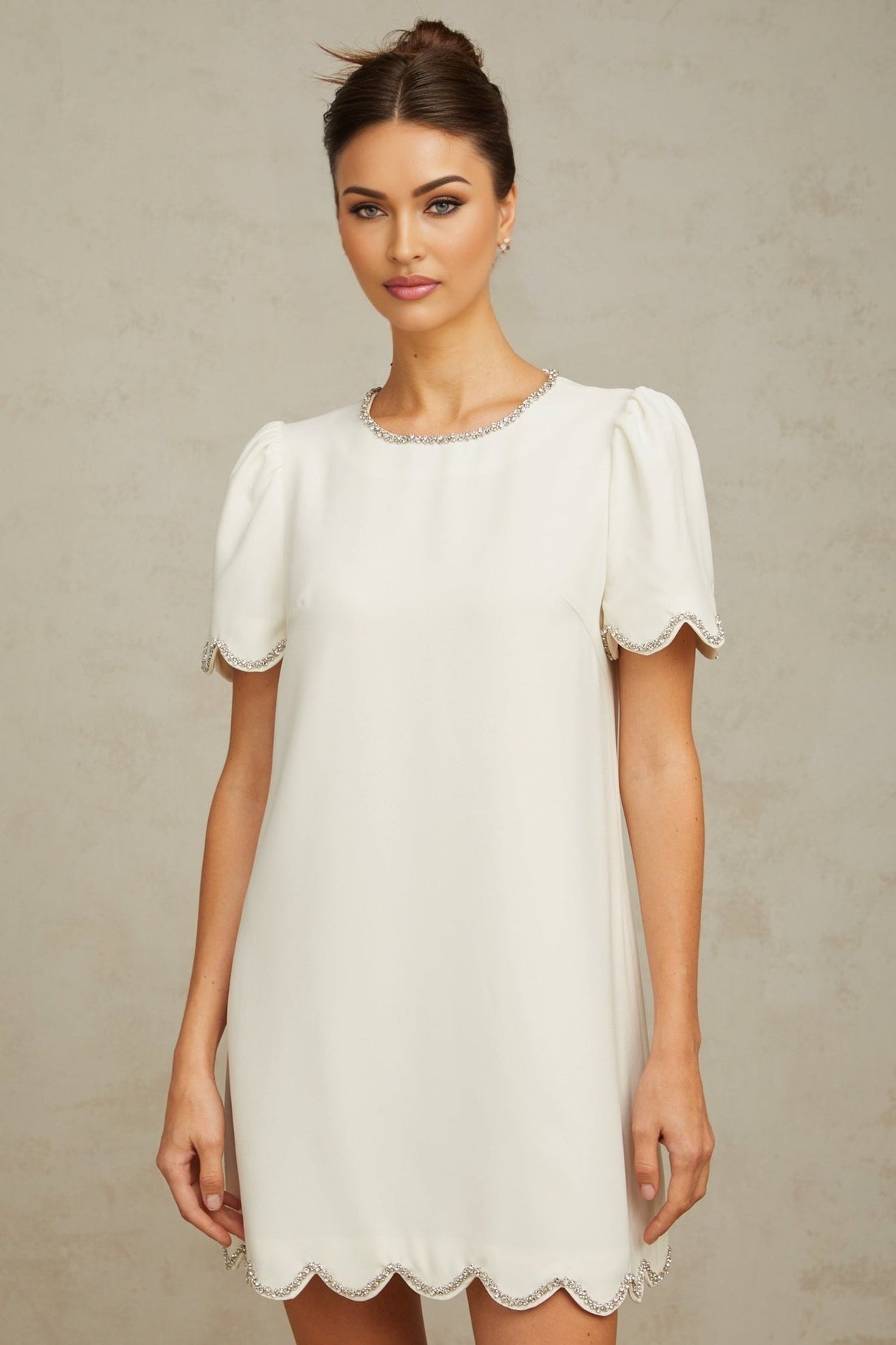 Hazel Mini Dress - Short Sleeves - Crystal Embellishments - Scalloped Hem - Zip Fastening