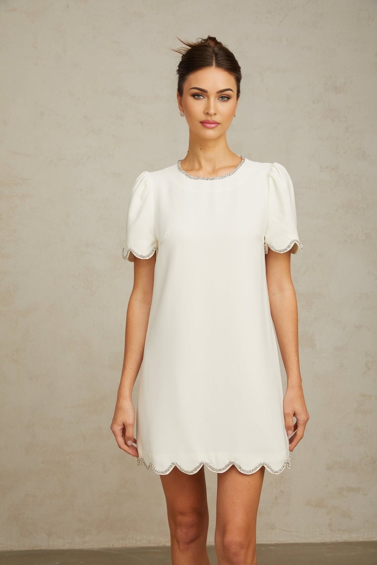 Hazel Mini Dress - Short Sleeves - Crystal Embellishments - Scalloped Hem - Zip Fastening