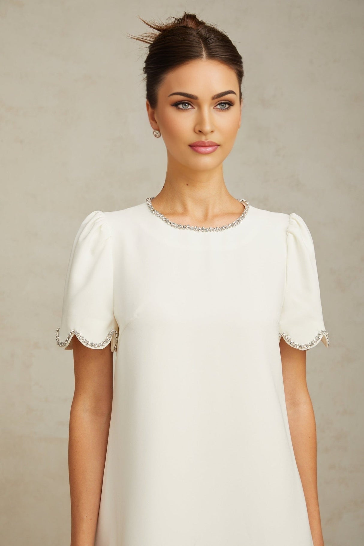 Hazel Mini Dress - Short Sleeves - Crystal Embellishments - Scalloped Hem - Zip Fastening