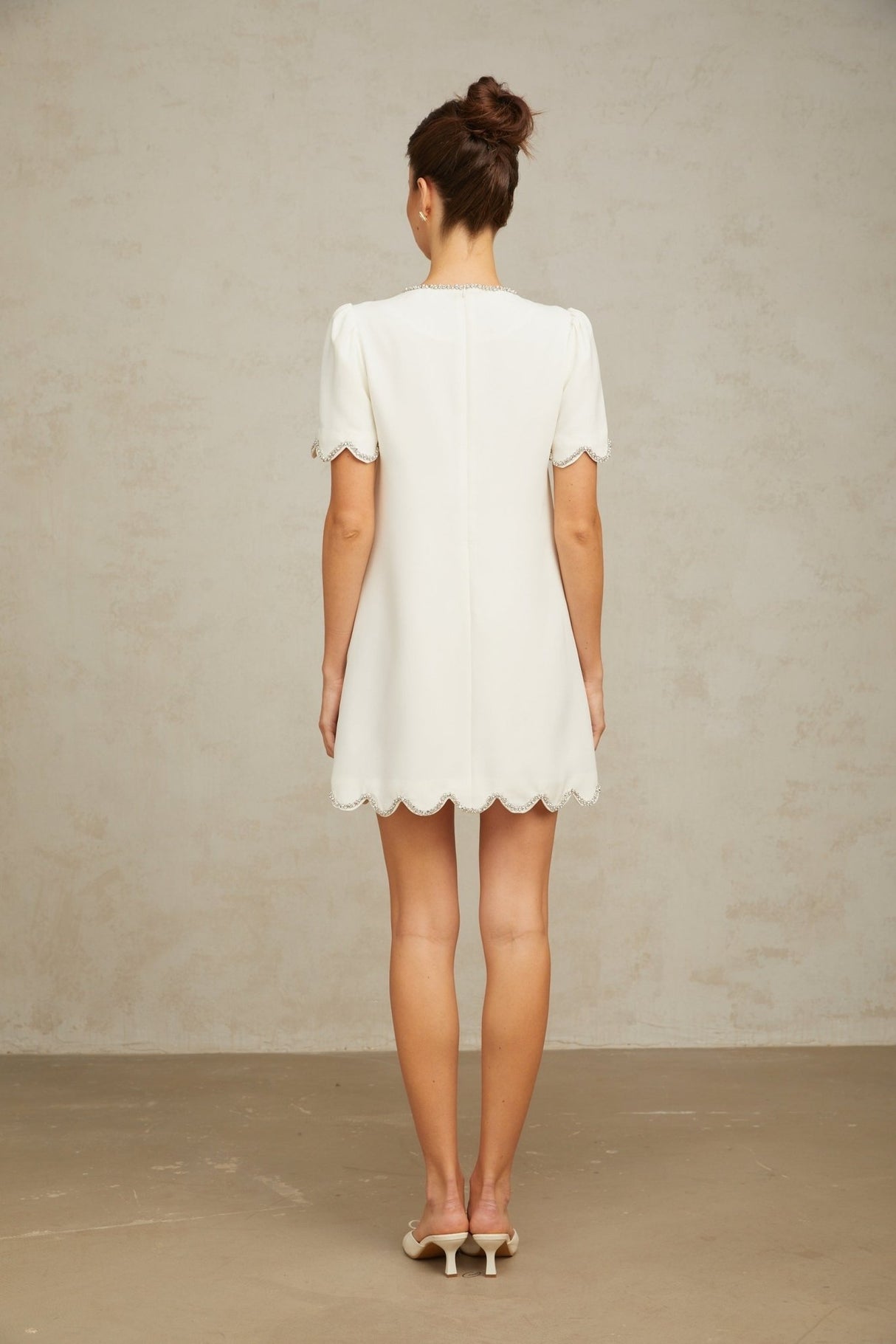 Hazel Mini Dress - Short Sleeves - Crystal Embellishments - Scalloped Hem - Zip Fastening