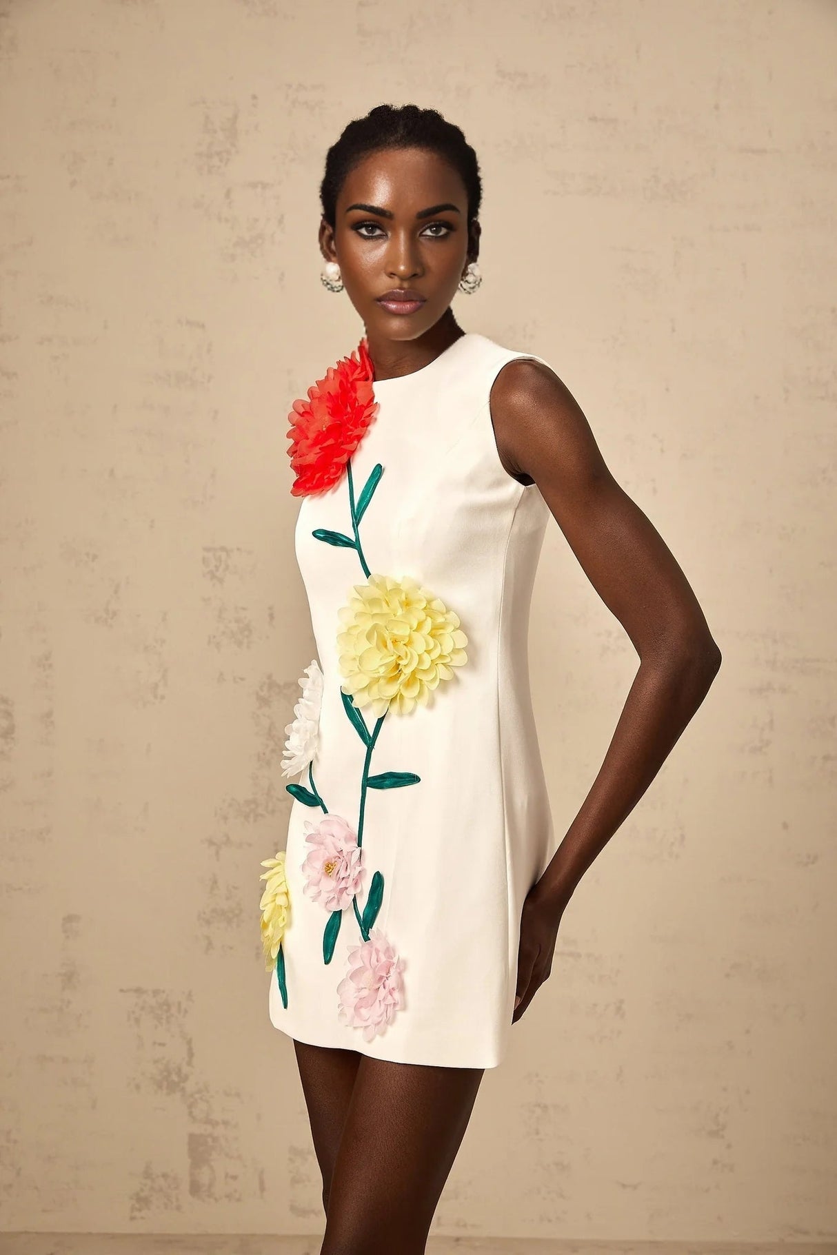 Hazel Mini Dress White 3D - Petal Sleeveless Thigh - Length