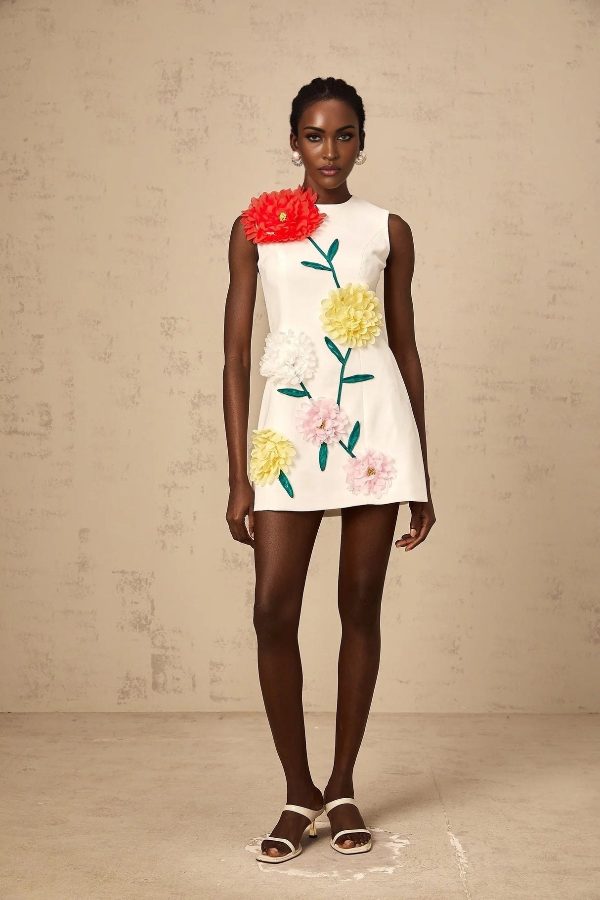 Hazel Mini Dress White 3D - Petal Sleeveless Thigh - Length