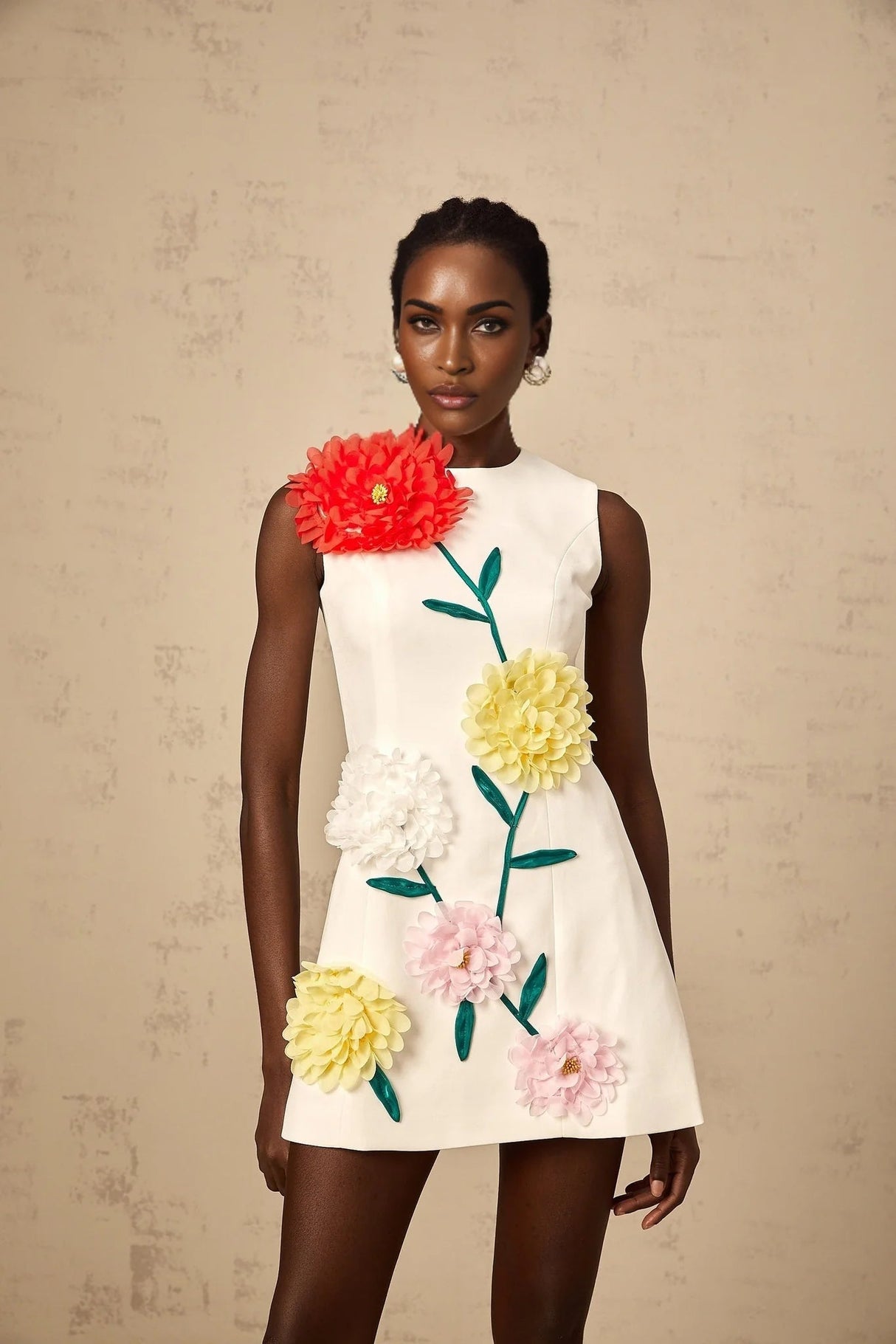 Hazel Mini Dress White 3D - Petal Sleeveless Thigh - Length