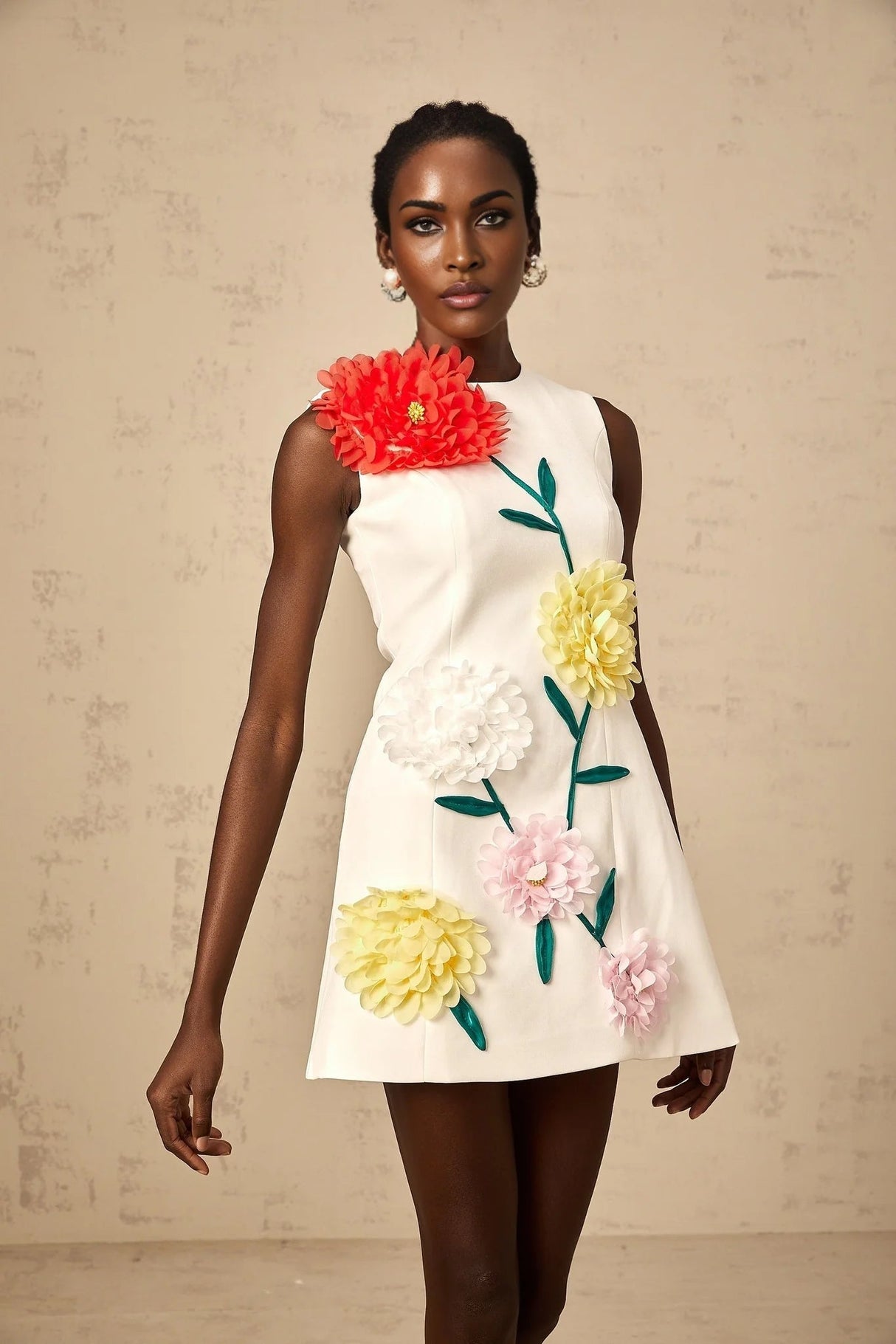 Hazel Mini Dress White 3D - Petal Sleeveless Thigh - Length