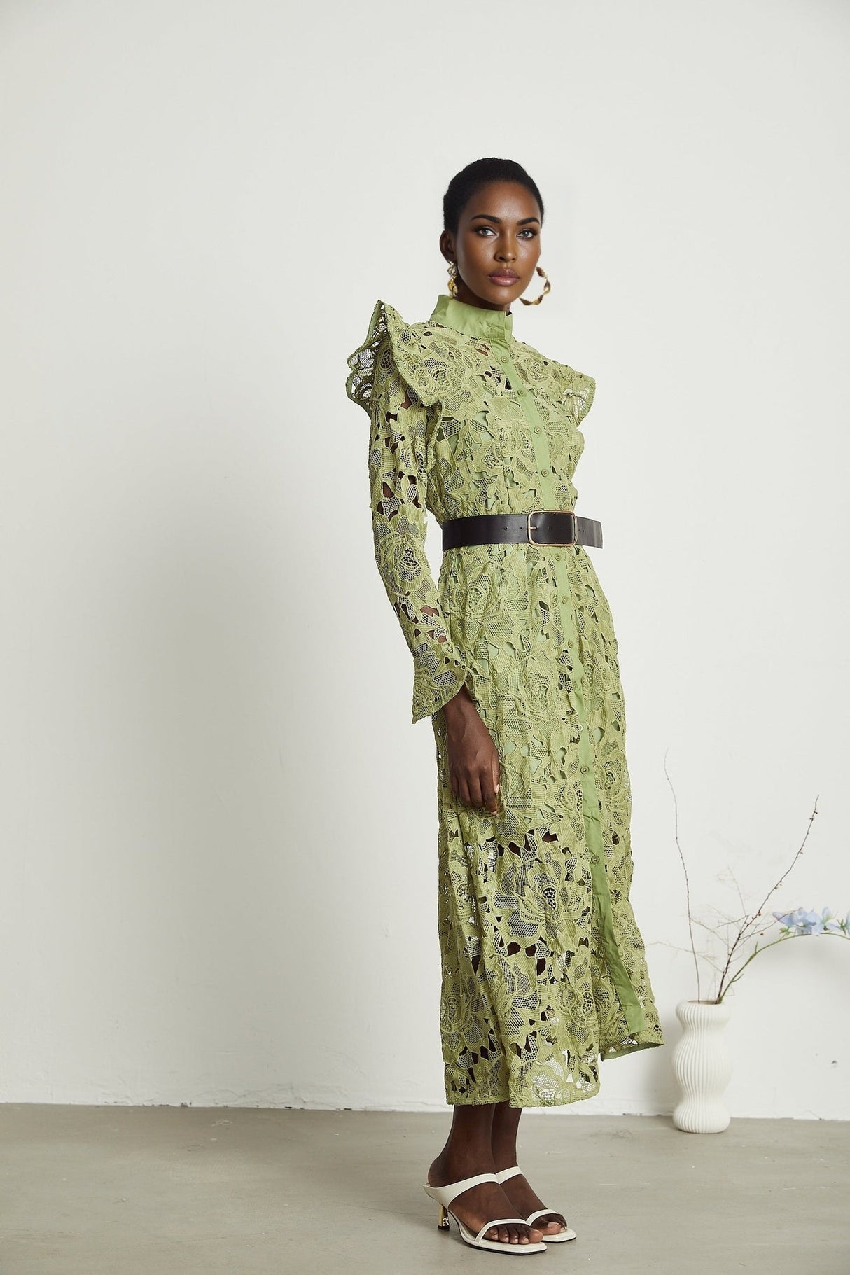 Heaven Floral Midi Dress - Crew Neck - Detailed Embroidery - Cut - Out Design - Belted Waist