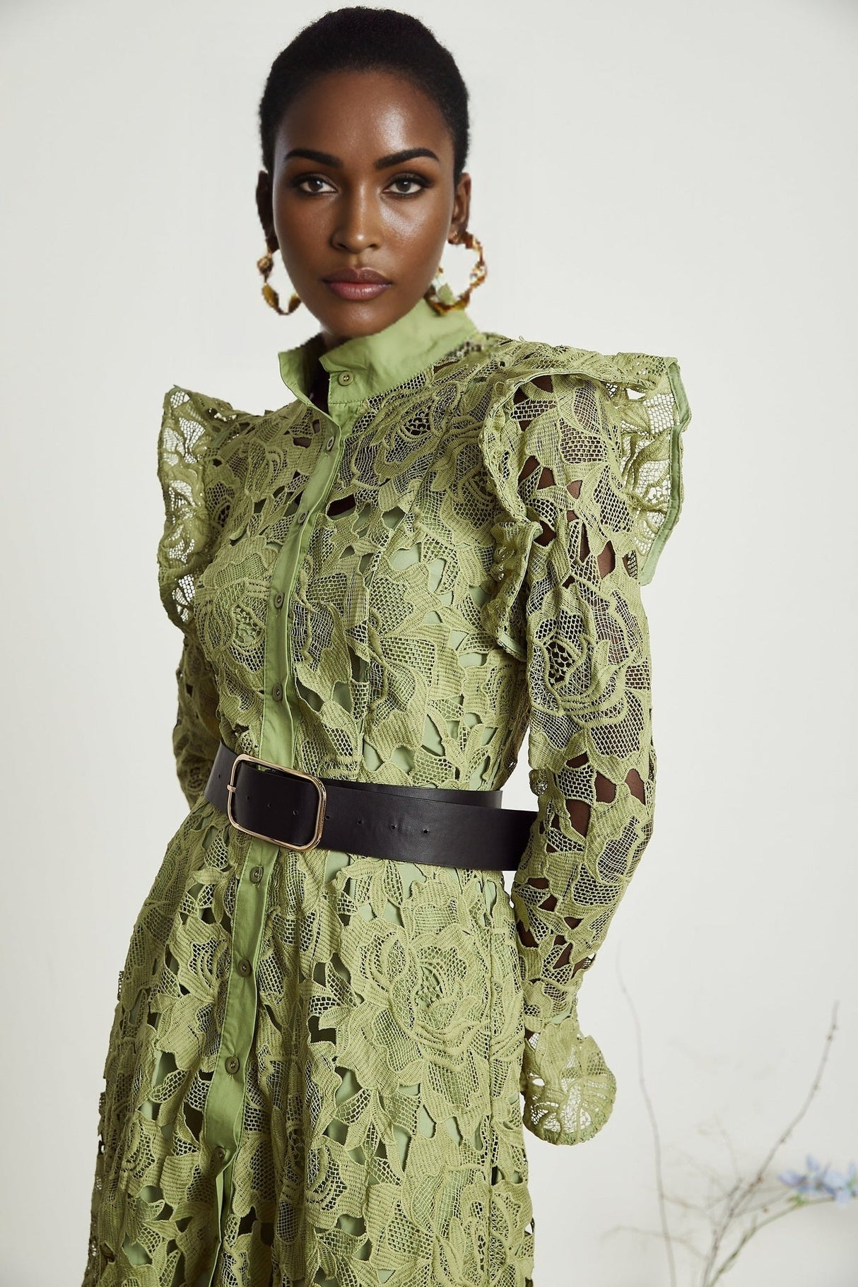 Heaven Floral Midi Dress - Crew Neck - Detailed Embroidery - Cut - Out Design - Belted Waist